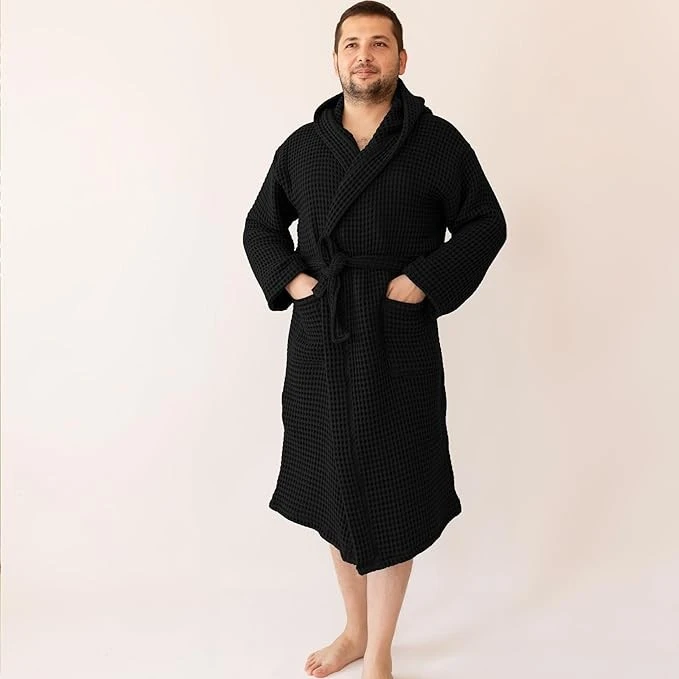 Waffle Hooded Long Robe Square Pattern  Black
