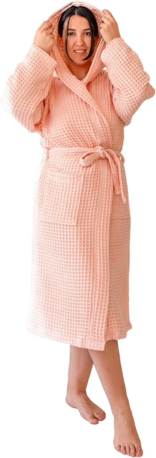 Waffle Hooded Long Robe Square Pattern Pink